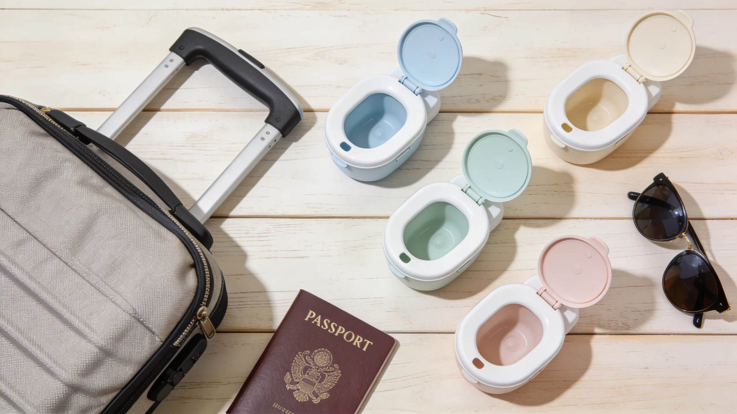 A compact portable bidet next to a travel bag and passport on a wooden surface